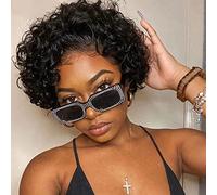 Fereowth 13x1 Lace Front Wig Short Culry Human Hair Perruque Femme Naturelle Brésilien Bouclée Courte Perruque Cheveux Humains Hair 150% Densité (Noires)