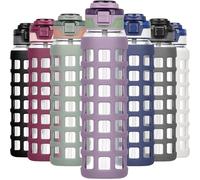 Ferexer Bouteille d'eau en verre de 1 l/660 ml avec poignée et couvercle à rabat, étanche, sans BPA, en verre borosilicate durable, avec manchon en silicone, violet