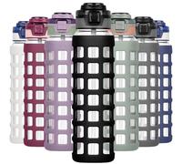 Ferexer Bouteille d'eau en verre de 1 l/660 ml avec poignée et couvercle à rabat, étanche, sans BPA, en verre borosilicate durable, avec manchon en silicone, noir