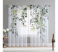 Fereyis Lot de 2 rideaux de fenêtre élégants en mousseline de soie transparente pour salon, chambre à coucher, 243,8 cm de long, motif feuilles d'eucalyptus vertes