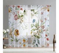 Fereyis Lot de 2 rideaux transparents élégants en mousseline de soie avec imprimé floral jaune pour salon, chambre à coucher, 213,4 cm de long