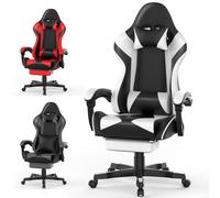Ferghana Chaise Gaming Ergonomique avec Massage Soutien Lombaire, Fauteuil Gamer en Cuir PU Respirant,Fauteuil de Bureau,Gaming Chair avec Repose-Pied,Réglable Appui-tête,Chaise Racing Gamer PC,Blanc