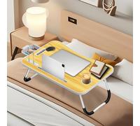 Ferghana Table de Lit Pliable avec Porte - Plateau Multifonctionnel Léger 60x40x28cm, pour Ordinateur Portable,Lit,Canapé (Emplacement pour Carte + Porte-gobelet + tiroir + Lampe + Ventilateur,Noyer)