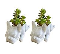 Feriany Lot de 2 pots de fleurs succulentes en résine en forme de bouledogue français, mini pot de fleurs pour chiot, pot de fleurs de bureau en forme de chien, bonsaï