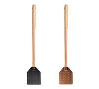 Feriany Lot de 2 tapettes à mouches en cuir avec long manche en bois, tapette à mouches robuste pour l'intérieur et l'extérieur, tapette rustique