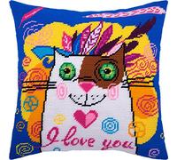 Ferine Kit de point de croix estampé pour adultes et débutants - Chat bien-aimé de 40,6 x 40,6 cm avec motif imprimé clair et précis sur toile de coton, comprend 2 aiguilles, fil et tableau facile à