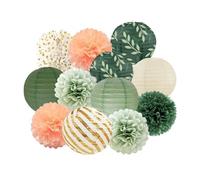 Ferizzia 12 Pièces Décorations de Fête Vert Sauge et Dorées, Vert Pompons Papier de Soie, Lanterne en Papier Decoration, Décoration Romantique, pour Fête, Mariage, Anniversaire, Garden Party