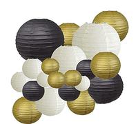 Ferleiss Lot de 20 lanternes décoratives en papier - Doré, blanc, noir - Ronde japonaise/chinoise - Pour décoration extérieure de mariage