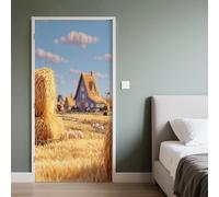 Ferme 3D Sticker Porte 88x200cm Meule de Foin Autocollant Porte Champ de Blé Doré Stickers Muraux Auto-adhésif Poster de Porte PVC Imperméable Amovible Papier Peint