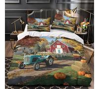 Ferme américaine du milieu du siècle avec une grange rouge classique Housse De Couette Parure Lit 3 Pièces Microfibre 3D Motif Imprimé Avec Taies D'oreiller Pour Adultes Enfants Super King（260x220cm）