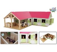 Kids Globe Farming Riding Farm Pink Farm Horse Stable Wooden 1:24 with 3 Boxes Toy Horse Farm with Practical Folding Roof, for All Standard Animal Figures 610210