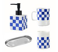 Ferme Ensemble d'accessoires de salle de bain, 4 pièces, damier, vanité de salle de bain, comptoir, distributeur de savon, porte-brosse à dents, plateau à tasses de bain de bouche Bouteille à pompe