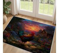 Ferme Rurale, Animaux, Poules Tapis Salon Moderne 60x90cm Tapis Antidérapant à Poil Ras, Coucher de Soleil, Fleurs, Paysage Rug Ne Perde Pas de Peluches, Facile à Entretenir Moquette Chambre