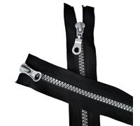 FERMETURE ECLAIR DOUBLE CURSEUR 65 CM NOIR/GRIS ARGENT OUVRANTE, SEPARABLE, PLASTIQUE INJECTE, MAILLE 5 MM, 2 CURSEURS MÉTAL GRIS ARGENT pour blouson, veste, manteau.