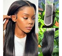 Fermeture en dentelle de cheveux humains raides 100 % cheveux humains non traités 5,1 x 15,2 cm - Couleur noire naturelle - Cheveux mouillés et ondulés - Couleur naturelle - 45,7 cm