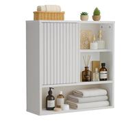 FerniTry Armoire à pharmacie cannelée blanche pour salle de bain, moderne, au-dessus des toilettes, dessus en faux marbre avec étagère réglable, organiseur de rangement mural en bois à profil incurvé