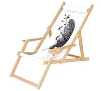 Ferocity Chaise Longue Pliable en Bois avec accoudoirs et Porte-gobelet Blanc Motif Grande Plume [119]