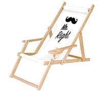 Ferocity Chaise Longue Pliable en Bois avec accoudoirs et Porte-gobelet Blanc Motif Mr. Right [119]