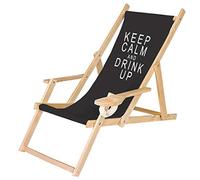 Ferocity Chaise Longue Pliable en Bois avec accoudoirs et Porte-gobelet Noir Motif Keep Calm [119]