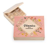 Ferocity Coffret à thé en bois personnalisé avec nom YOUR TEXT 20,5 x 23,5 cm Boîte de rangement pour sachets de thé avec 6 compartiments avec design personnalisé UV Tea Enthusiast [160]