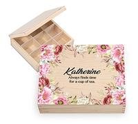 Ferocity Coffret à thé en bois personnalisé avec nom YOUR TEXT 20,5 x 23,5 cm Boîte de rangement pour sachets de thé avec 6 compartiments avec design personnalisé UV Finds Time [160]