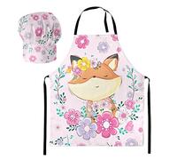 Ferocity Ensemble Toque + Tablier Chef 2 Pièces. Tablier de Chapeau de Chef pour Enfants Garçons et Filles avec Renard Velcro entre Fleurs [099]
