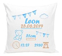 Ferocity Personnalisé Coussin Naissance Fille ou garçon avec Les données de la Naissance Nom Date Idée Cadeau pour Une Naissance Oreiller Bébé Bleu [095]