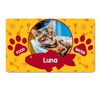 Ferocity Tapis pour gamelles personnalisé avec Photo et nom | pour Chats | Taille 45 x 75 cm | sous-Couche en Caoutchouc de 4 mm | Motif pour Animaux de Compagnie | Couleur Fish [140]