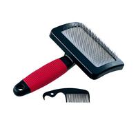 Ferplast Brosse Carde pour Chiens - Poils Mi-longs à Longs - Picots Inclinés & Têtes Arrondies en Acier Inoxydable - Poignée Ergonomique Souple - Peigne Supplémentaire Inclus - Taille L, Rouge