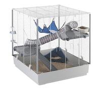 Ferplast Grande Cage pour Furets 3 Niveaux avec Accessoires Hamac et Tunnels pour Furets, Grillage Métallique Vernis Gris avec Colonnes et Fond en Plastique, L 80 x l 75 x H 87 cm