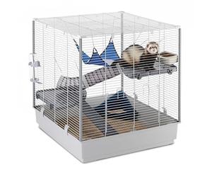 Ferplast Grande Cage pour Furets 3 Niveaux avec Accessoires Hamac et Tunnels pour Furets, Grillage Métallique Vernis Gris avec Colonnes et Fond en Plastique, L 80 x l 75 x H 87 cm
