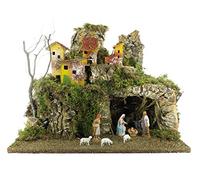 Ferrari & Arrighetti Village de Crèche Complet avec Maisons, Lumières et Figurines de 6,5 cm, Bois, 38x28x30 cm