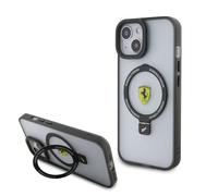 Ferrari Coque de téléphone compatible avec Magsafe iPhone 15" contour noir transparent avec anneau de support en métal, PC/TPU anti-rayures, coque rigide durable avec ports accessibles, absorption des