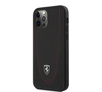 Ferrari - Coque de téléphone pour iPhone 12/12 Pro en noir avec courbe perforée rouge, étui de protection en cuir véritable et durable avec facile à clipser, absorption des chocs et logo signature
