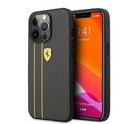 Ferrari Coque pour iPhone 13 Pro Max en gris avec deux lignes jaunes, étui de protection et durable en cuir véritable avec encliquetage facile, absorption des chocs et logo signature