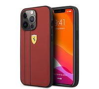 Ferrari Coque pour iPhone 13 Pro Max Rouge avec deux lignes noires, étui de protection et durable en cuir véritable avec encliquetage facile, absorption des chocs et logo signature