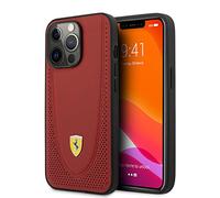 Ferrari Coque pour iPhone 13 Pro Rouge avec courbe perforée rouge, étui de protection et durable en cuir véritable avec encliquetage facile, absorption des chocs et logo signature