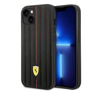 Ferrari Coque pour iPhone 14 Plus en cuir noir avec rayures en relief, étui de protection durable et anti-rayures avec facile à clipser, absorption des chocs et logo signature