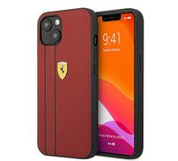 Ferrari Étui de protection en cuir véritable pour iPhone 13" Rouge avec deux lignes noires, coque de protection et durable avec fermeture facile à clipser, absorption des chocs et logo signature