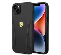 Ferrari Étui de protection en cuir véritable pour iPhone 14 Plus Noir avec côtés estampillés à chaud, durable et anti-rayures avec encliquetage, absorption des chocs et logo signature