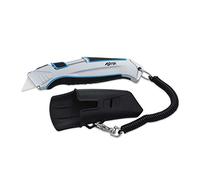 Ferrestock FSKTWC001 Couteau à cutter en céramique auto-rétractable avec câble de sécurité, corps en aluminium, système de verrouillage et housse de ceinturepratique, gris/bleu