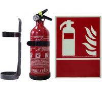 FERRETELIX® Extincteur 1 kg ABC + Panneau Photoluminescent 31 x 20 cm Homologué + Support de Montage - Pour Voiture, Maison, Bureau, Caravane, Bateau ou Barbecue - Année 2025