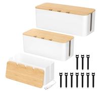 FERRGIA Lot de 3 Blanc Boîtes Cache Câbles avec Couvercle Bambou,Boîte Rangement Câble & Multiprise,Cache Fils Électriques,avec 10 Attaches Câbles pour Câbles pour Cacher et Organiser Les Câbles