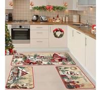 Ferricult Tapis de Cuisine de Noël, 3pcs / Set 47x16 & 24x16 Mat Cuisine Noël Santa, Tapis absorbants Doux, Lavable sans Glissement pour décoration intérieure Maison, décoration