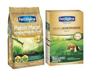 FERTILIGENE FPATCH36C - Patch Magic Rénovateur de Pelouse 3,6 kg - Formule 4 en 1 & FERTILIGENE NATUREN NATGAZ1C - Engrais Gazon Organique UAB 2,5 kg - Reverdit en 7 jours - 1 application