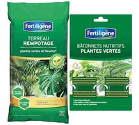 FERTILIGENE FPV2N - Terreau Rempotage Plantes Vertes et Fleuries 20 L & FBPV - Engrais Bâtonnets Nutritifs x 40 - pour des Plantes Plus Vertes - Formule avec Oligo-éléments