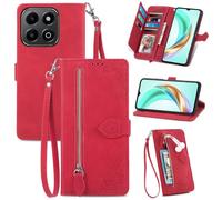 Fertuo Coque pour Honor X6b, Étui Housse en Cuir PU à Rabat avec Porte Carte, Chiusura Magnétique [Motif de Fleur] Flip Cover TPU Case Antichoc Portefeuille pour Honor X6b, Rouge