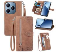 Fertuo Coque pour Realme C63 / C61 / Realme Note 60, Étui Housse en Cuir PU à Rabat avec Porte Carte, Chiusura Magnétique [Motif de Fleur] Flip Cover TPU Case Antichoc Portefeuille, Marron