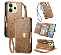 Fertuo Coque pour Realme Note 60 / C63 4G / C61, Fleur Étui Housse en Cuir PU à Rabat Portefeuille Antichoc avec Porte Carte, Poche Zippée, Chiusura Magnétique et Support Cover Case Femme, Marron