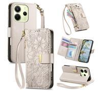Fertuo Coque pour Realme Note 60 / C63 4G / C61, Fleur Étui Housse en Cuir PU à Rabat Portefeuille Antichoc avec Porte Carte, Poche Zippée, Chiusura Magnétique et Support Cover Case Femme, Blanc